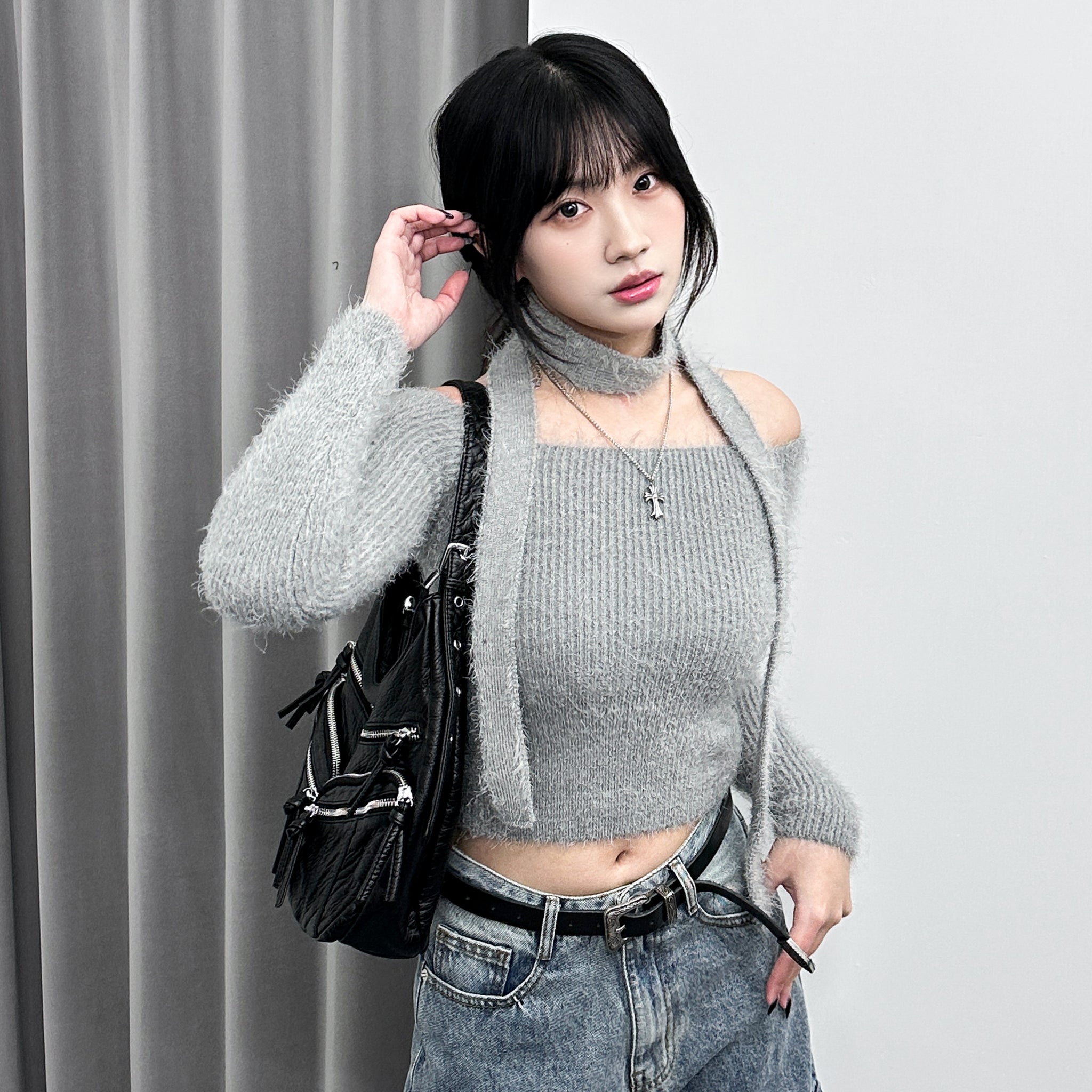 女人味UP毛茸茸SLIM OFF SHOULDER KNITWEAR+頸帶/ 4色