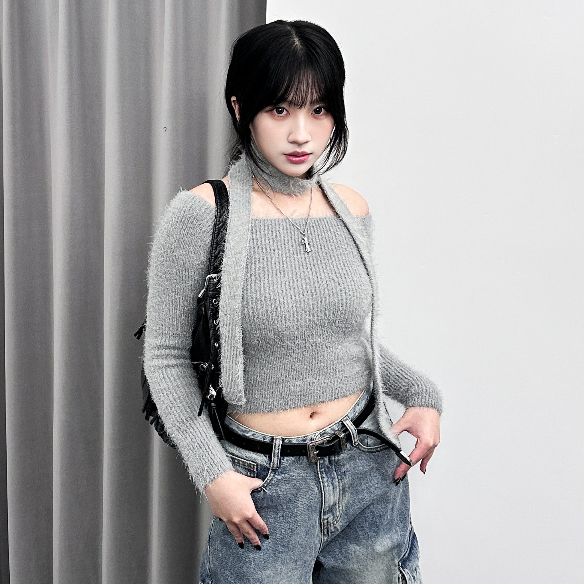 女人味UP毛茸茸SLIM OFF SHOULDER KNITWEAR+頸帶/ 4色