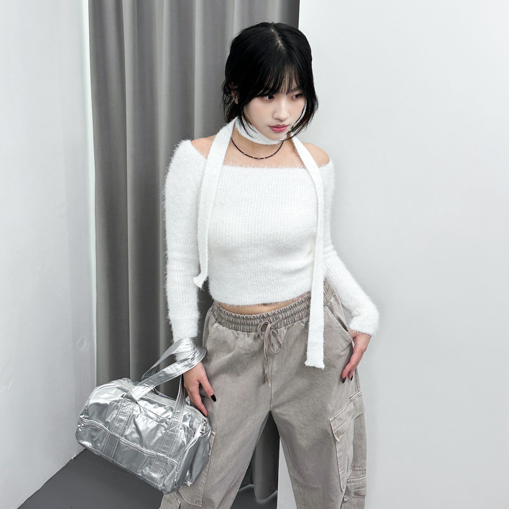 女人味UP毛茸茸SLIM OFF SHOULDER KNITWEAR+頸帶/ 4色