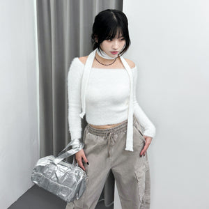 女人味UP毛茸茸SLIM OFF SHOULDER KNITWEAR+頸帶/ 4色