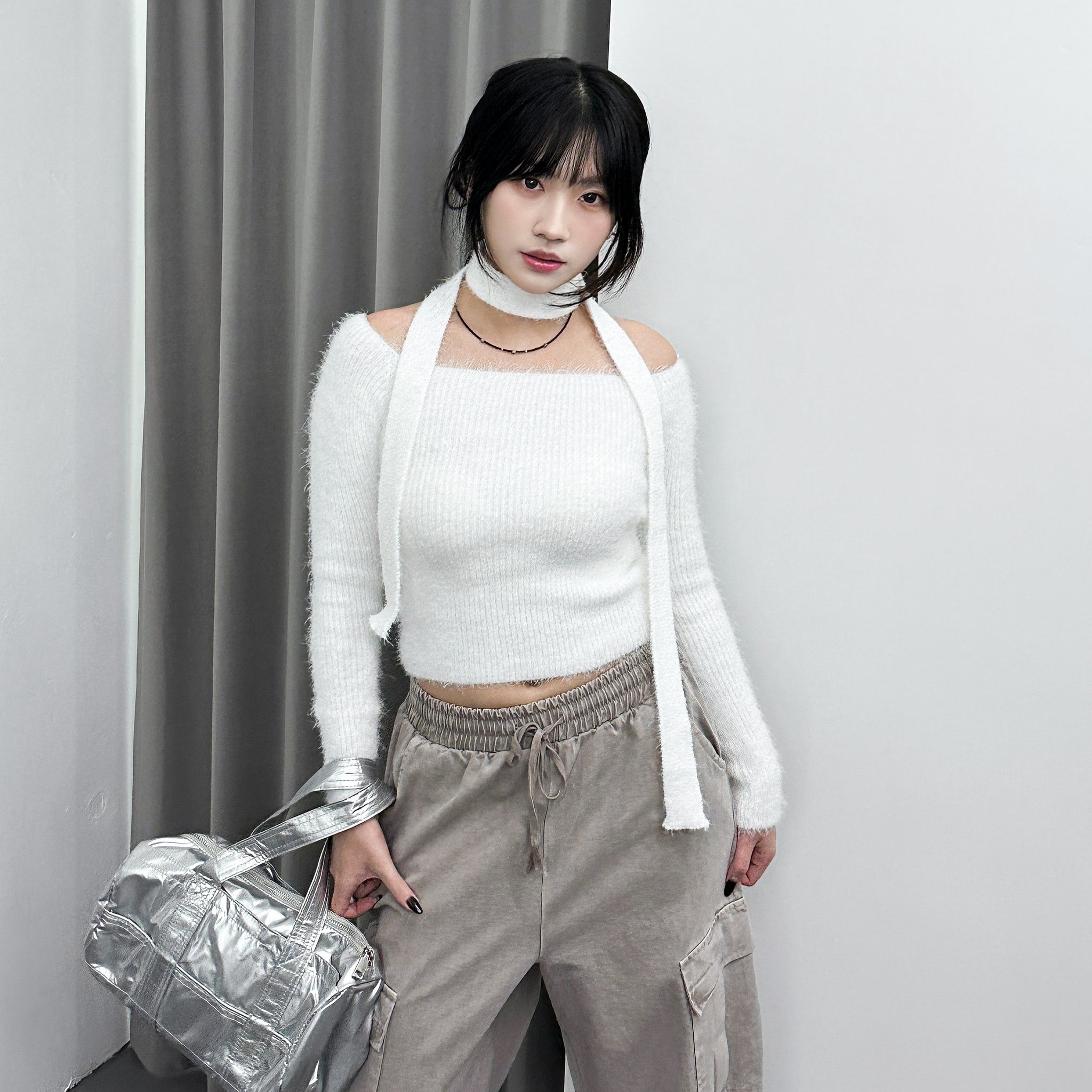 女人味UP毛茸茸SLIM OFF SHOULDER KNITWEAR+頸帶/ 4色