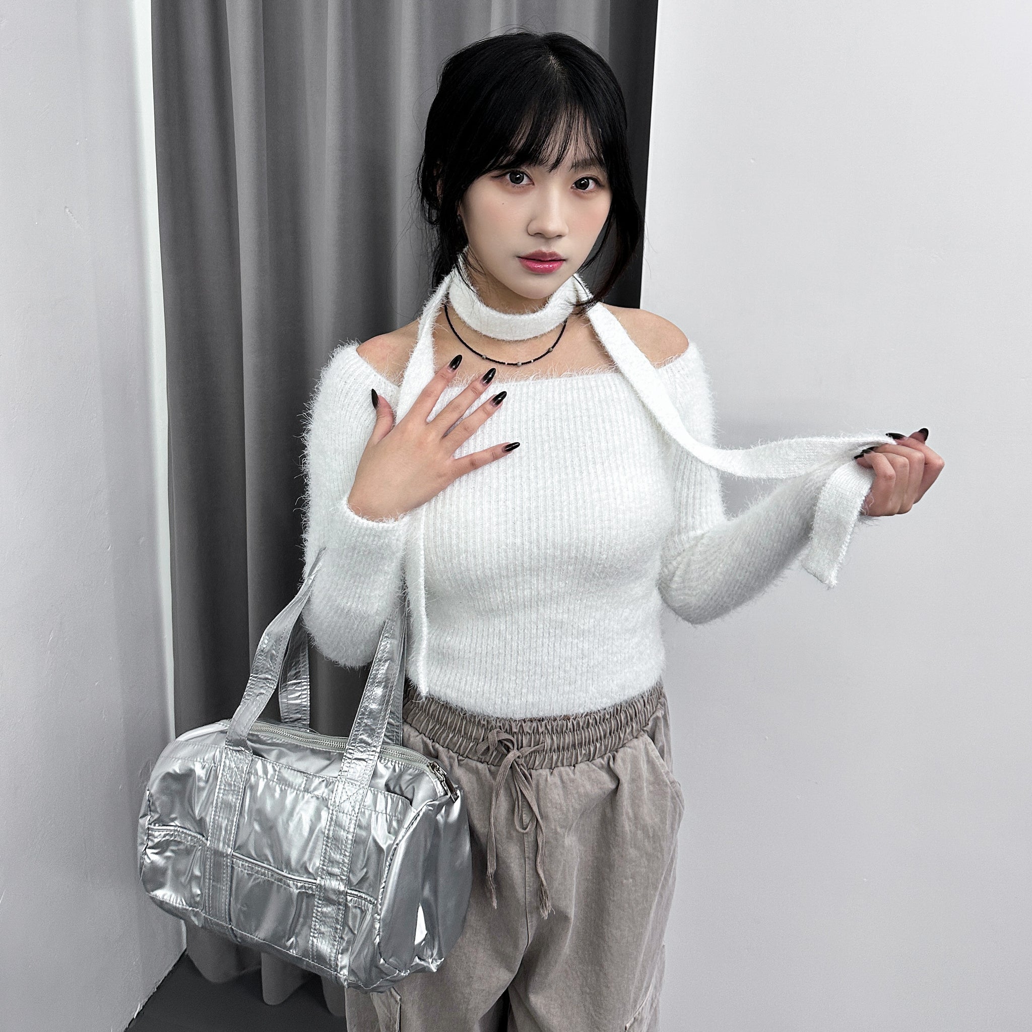 女人味UP毛茸茸SLIM OFF SHOULDER KNITWEAR+頸帶/ 4色