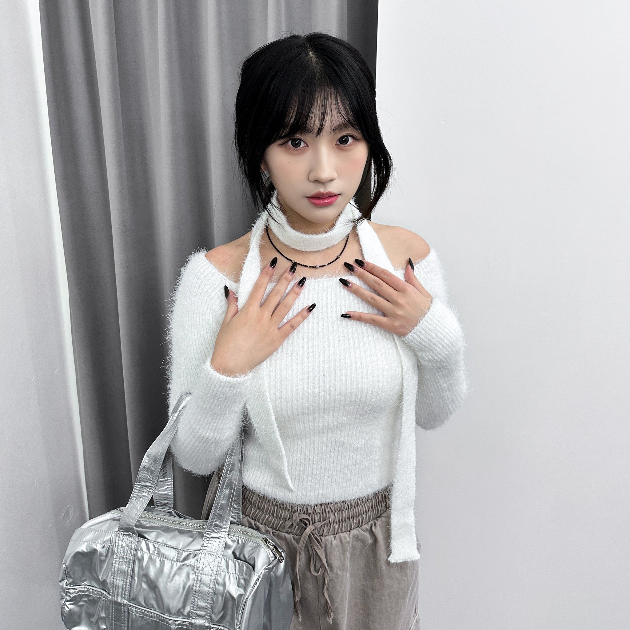 女人味UP毛茸茸SLIM OFF SHOULDER KNITWEAR+頸帶/ 4色