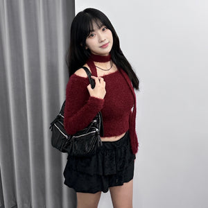 女人味UP毛茸茸SLIM OFF SHOULDER KNITWEAR+頸帶/ 4色