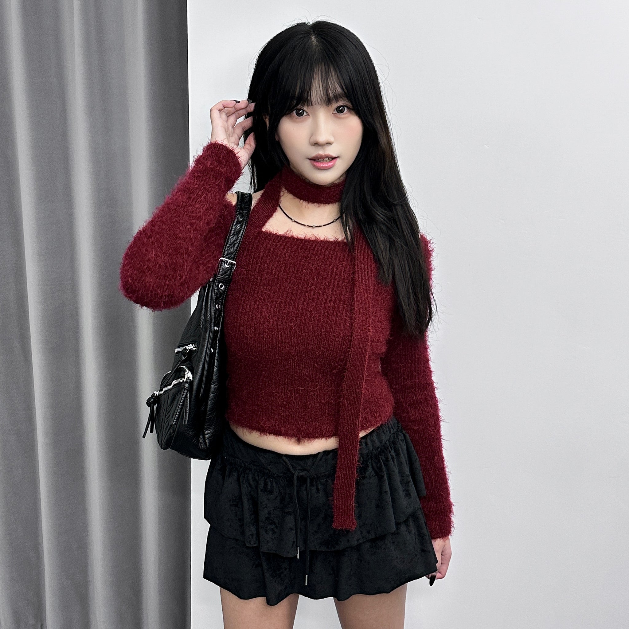 女人味UP毛茸茸SLIM OFF SHOULDER KNITWEAR+頸帶/ 4色
