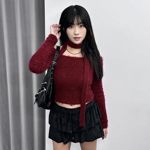 女人味UP毛茸茸SLIM OFF SHOULDER KNITWEAR+頸帶/ 4色