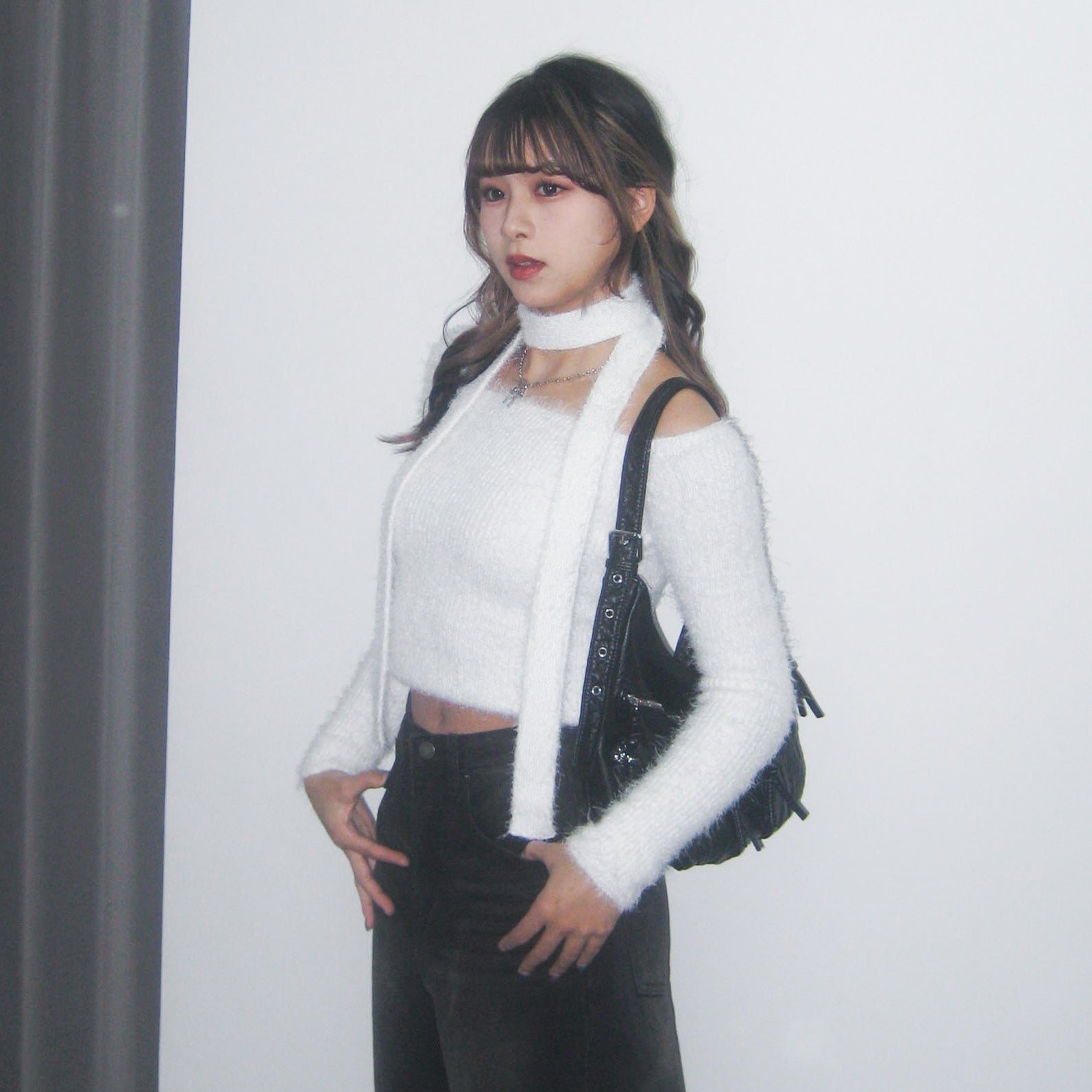 女人味UP毛茸茸SLIM OFF SHOULDER KNITWEAR+頸帶/ 4色