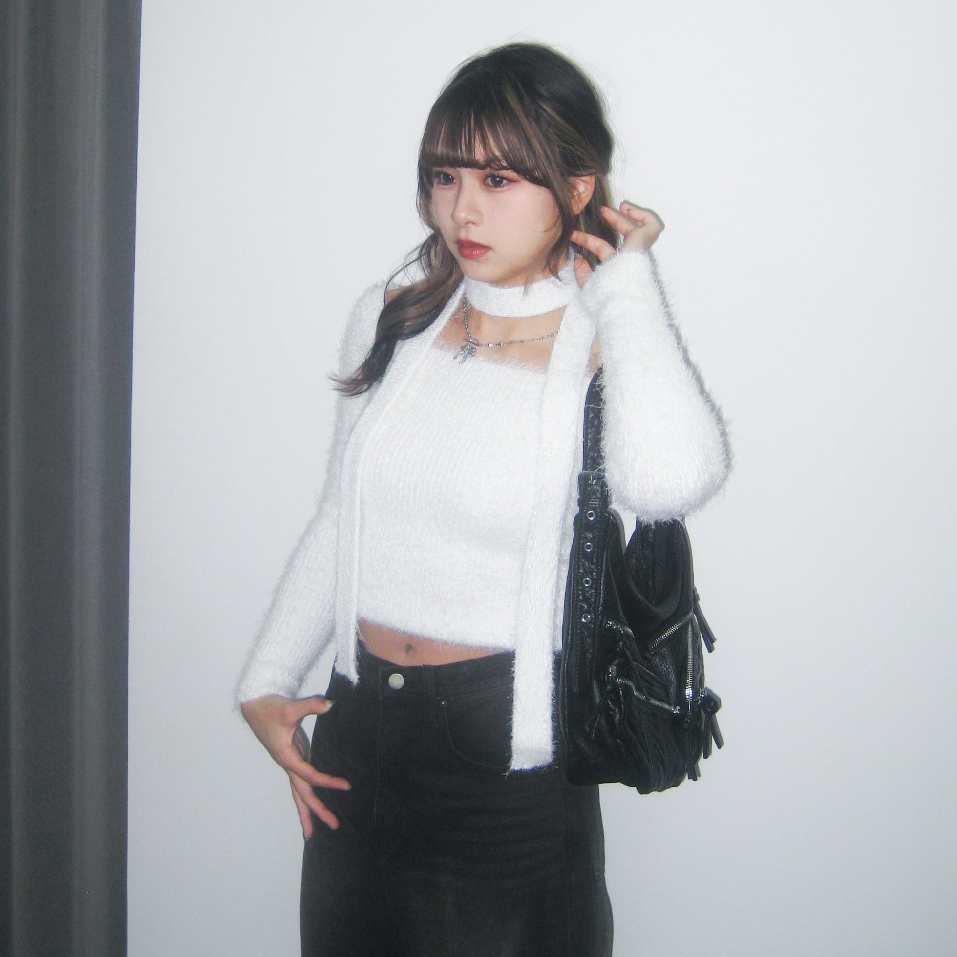 女人味UP毛茸茸SLIM OFF SHOULDER KNITWEAR+頸帶/ 4色