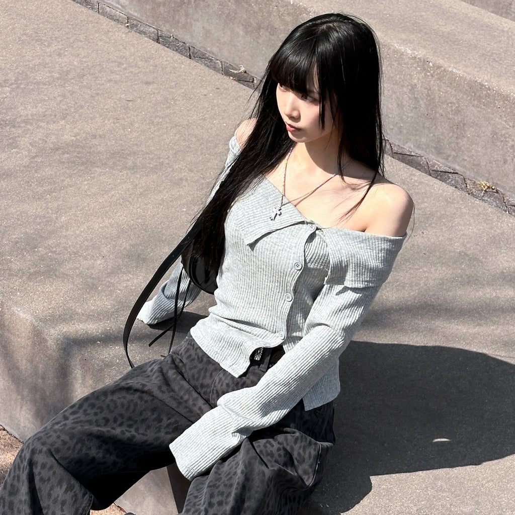 [BEST] SUMMER OFF SHOULDER BUTTON KNITWEAR/ 2色