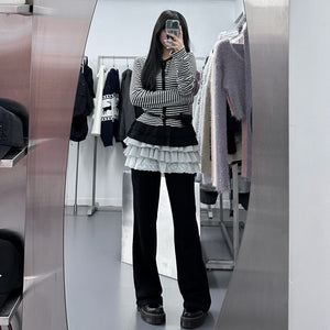 [心型鈕+細微通花] STRIPED RUFFLE LAYERED CARDIGAN/ 2色