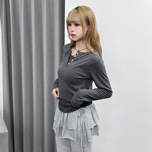 假兩件STRIPED BUTTON LAYERED LONG SLEEVE/ 2色