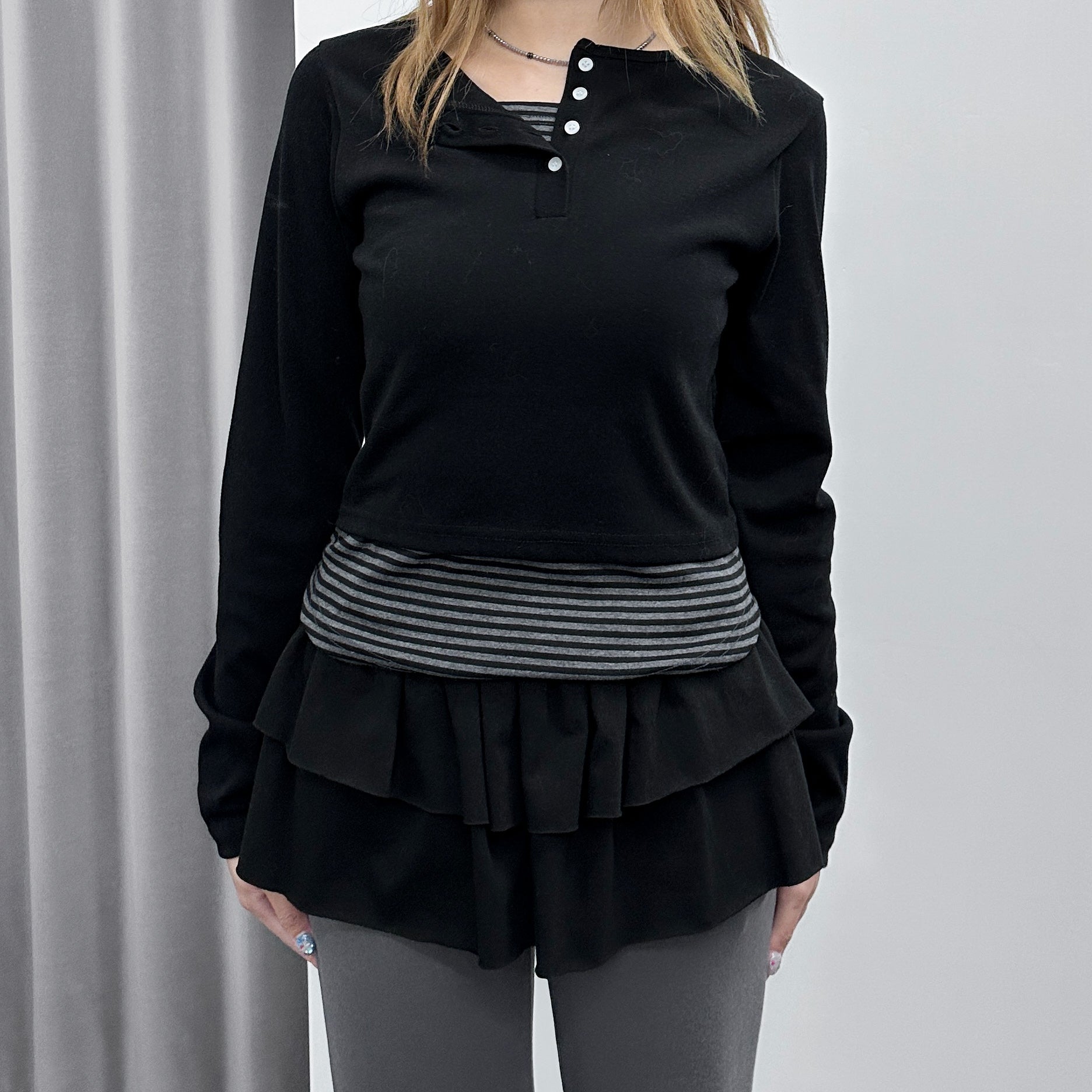 假兩件STRIPED BUTTON LAYERED LONG SLEEVE/ 2色