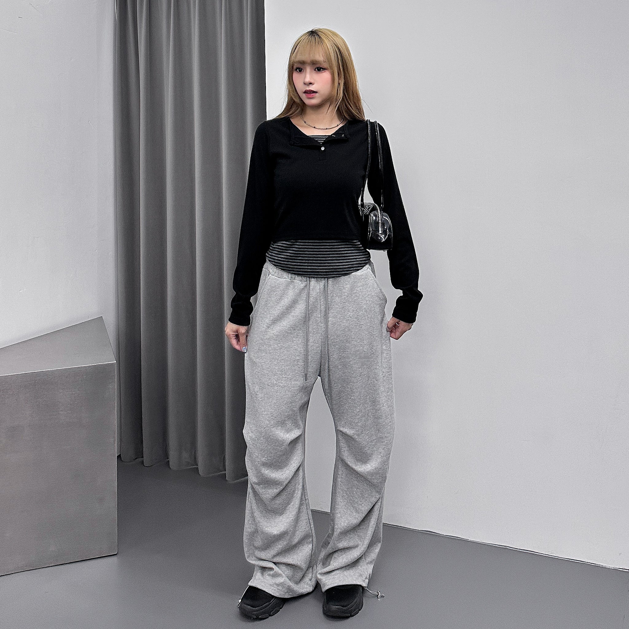假兩件STRIPED BUTTON LAYERED LONG SLEEVE/ 2色