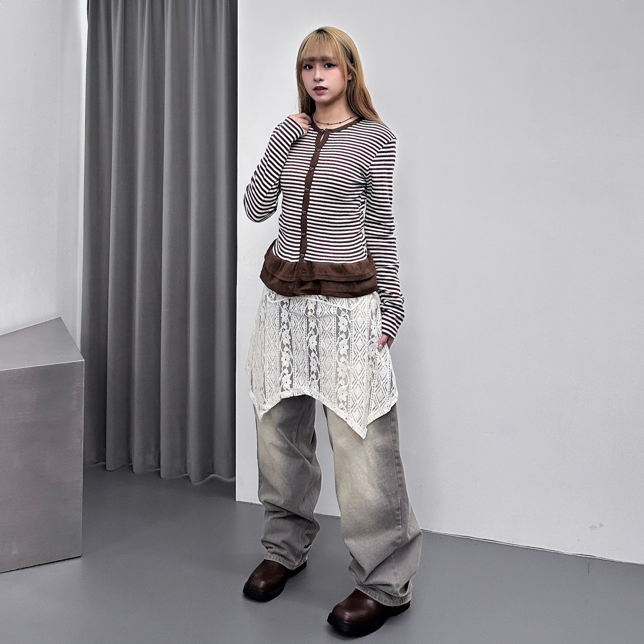 [心型鈕+細微通花] STRIPED RUFFLE LAYERED CARDIGAN/ 2色