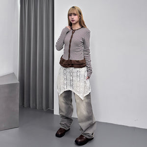 [心型鈕+細微通花] STRIPED RUFFLE LAYERED CARDIGAN/ 2色