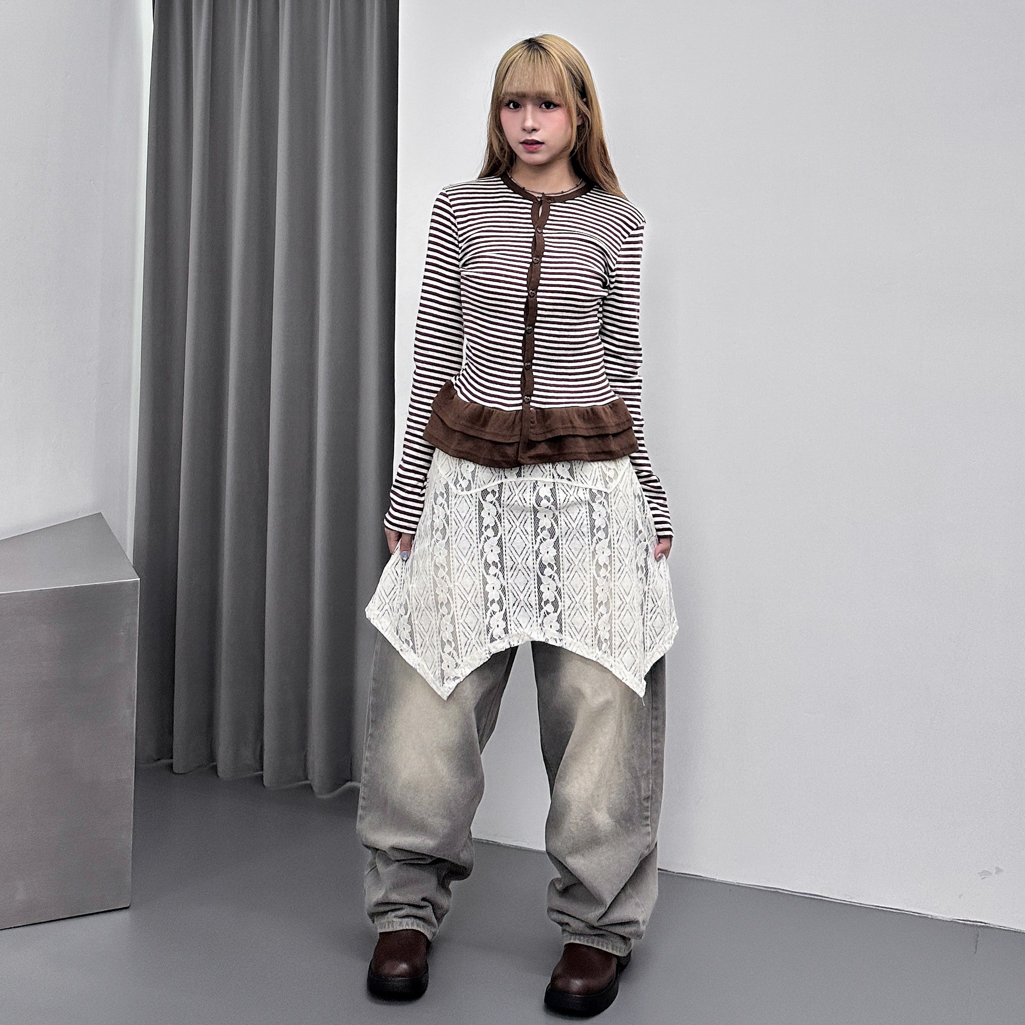 [心型鈕+細微通花] STRIPED RUFFLE LAYERED CARDIGAN/ 2色