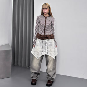 [心型鈕+細微通花] STRIPED RUFFLE LAYERED CARDIGAN/ 2色