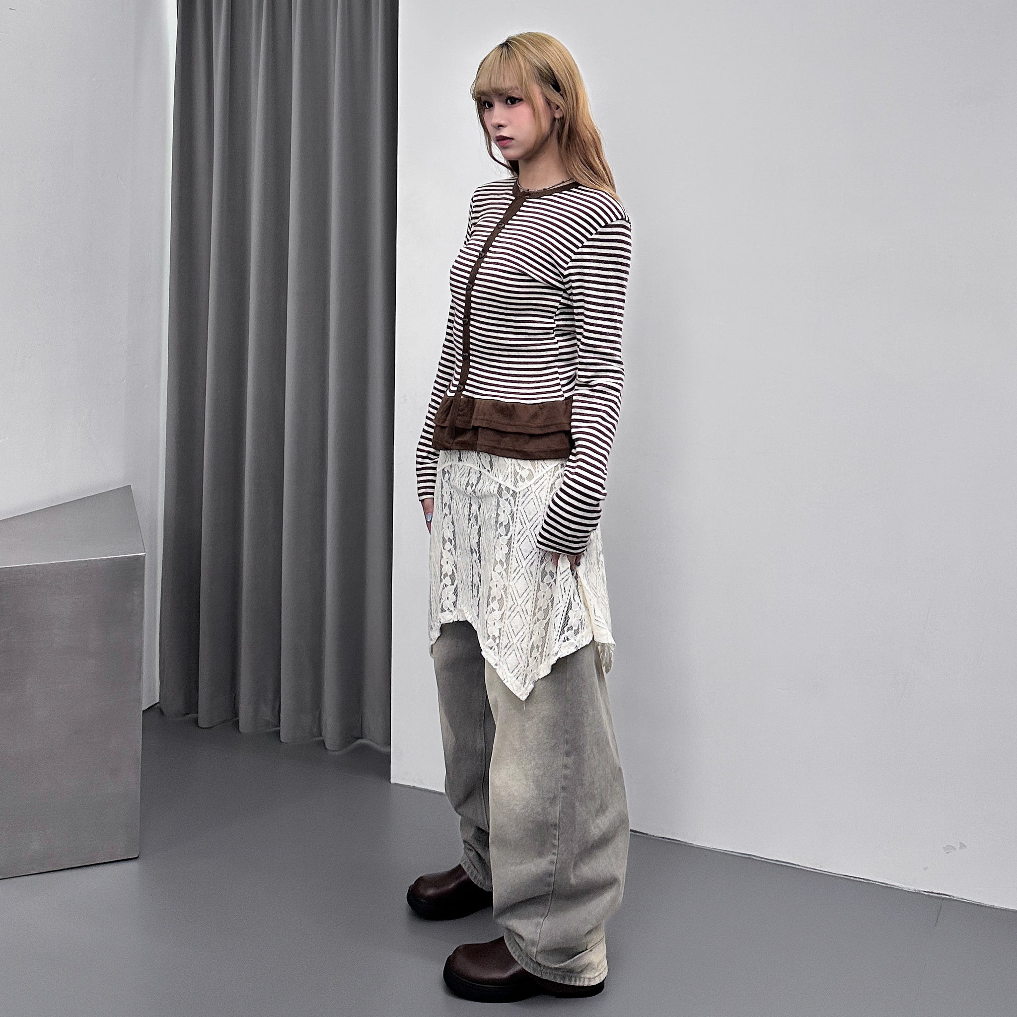 [心型鈕+細微通花] STRIPED RUFFLE LAYERED CARDIGAN/ 2色