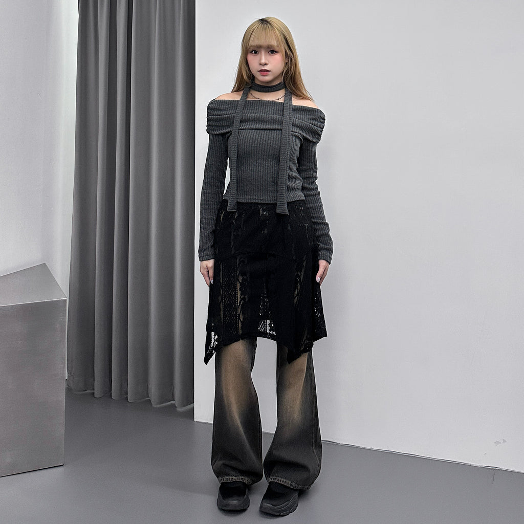 鬆弛感翻領OFF SHOULDER KNITWEAR+頸帶/ 2色