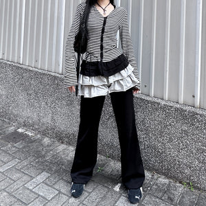[心型鈕+細微通花] STRIPED RUFFLE LAYERED CARDIGAN/ 2色