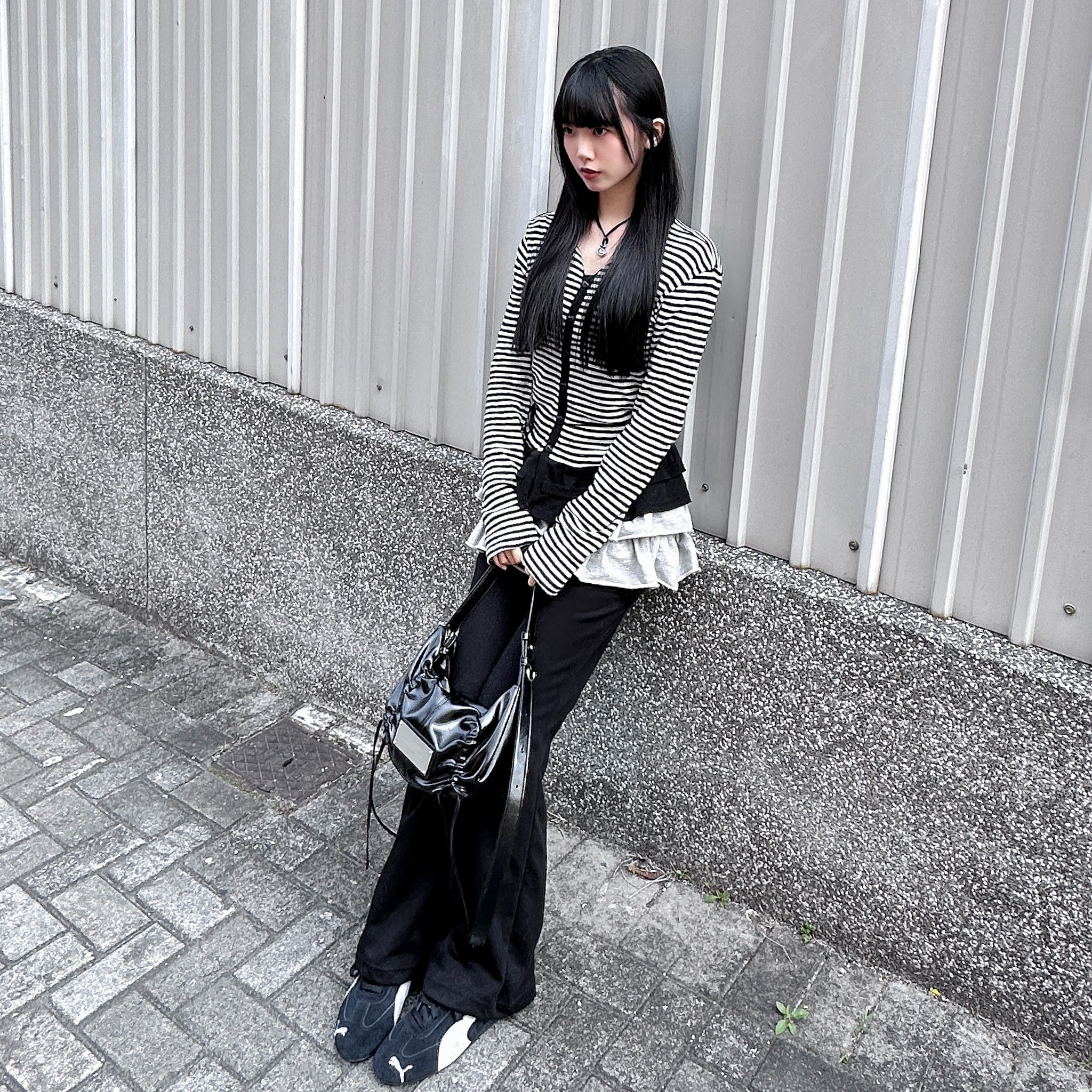 [心型鈕+細微通花] STRIPED RUFFLE LAYERED CARDIGAN/ 2色