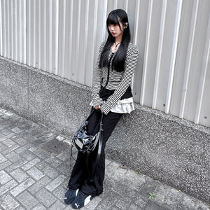 [心型鈕+細微通花] STRIPED RUFFLE LAYERED CARDIGAN/ 2色