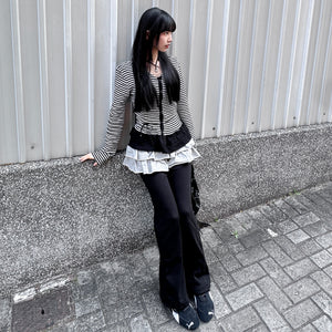 [心型鈕+細微通花] STRIPED RUFFLE LAYERED CARDIGAN/ 2色