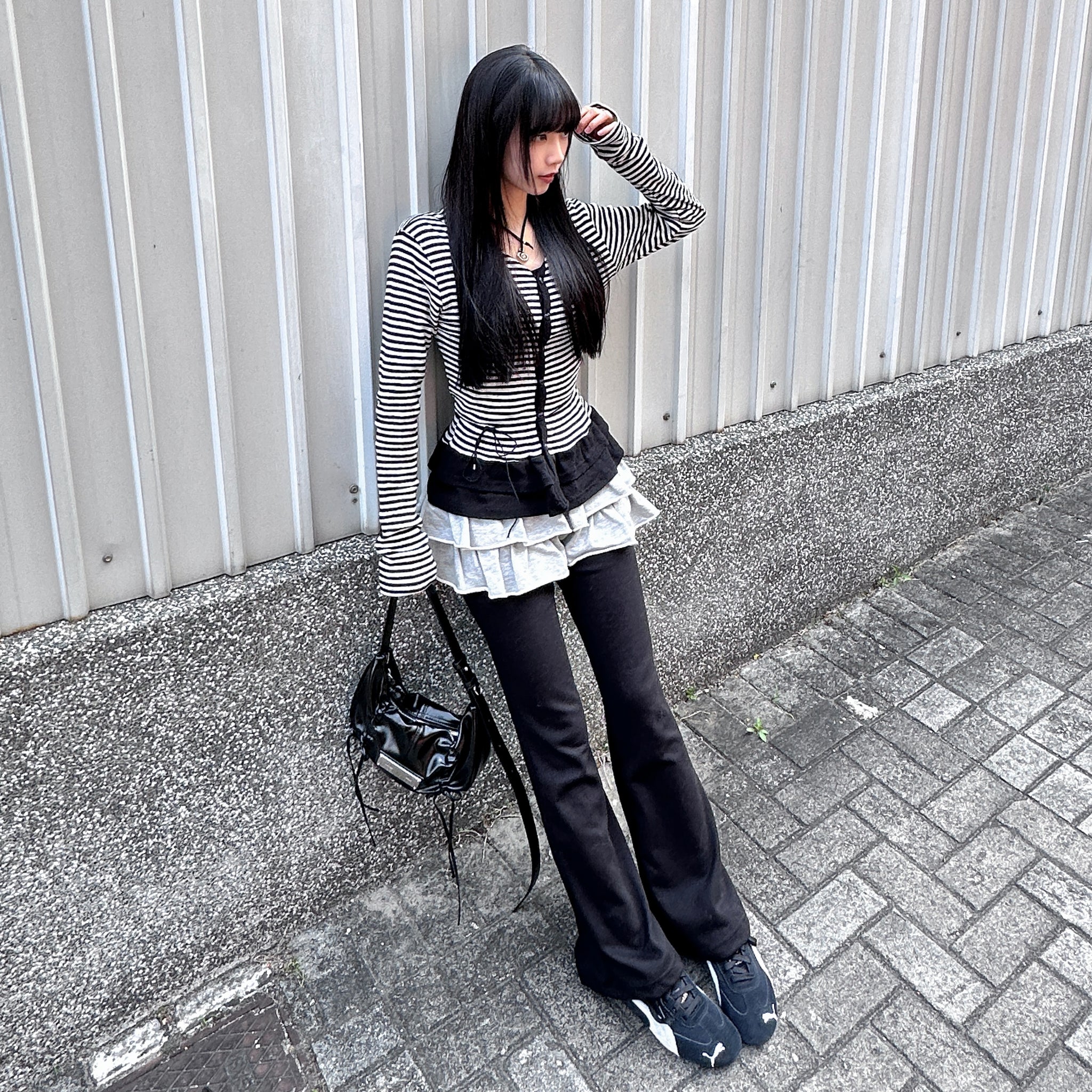 [心型鈕+細微通花] STRIPED RUFFLE LAYERED CARDIGAN/ 2色