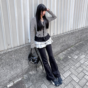 [心型鈕+細微通花] STRIPED RUFFLE LAYERED CARDIGAN/ 2色