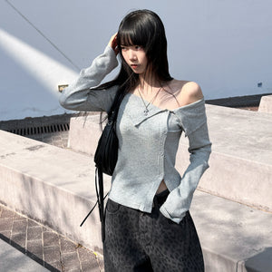 [BEST] SUMMER OFF SHOULDER BUTTON KNITWEAR/ 2色