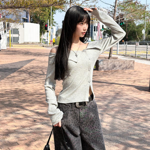 [BEST] SUMMER OFF SHOULDER BUTTON KNITWEAR/ 2色