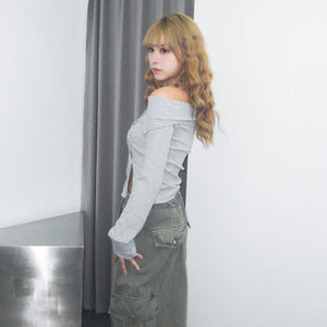 [BEST] SUMMER OFF SHOULDER BUTTON KNITWEAR/ 2色