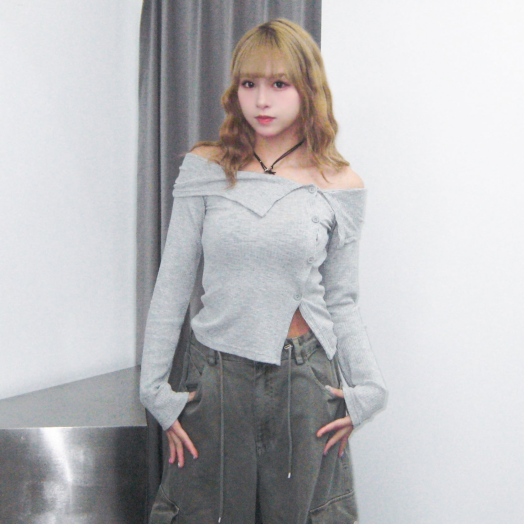 [BEST] SUMMER OFF SHOULDER BUTTON KNITWEAR/ 2色