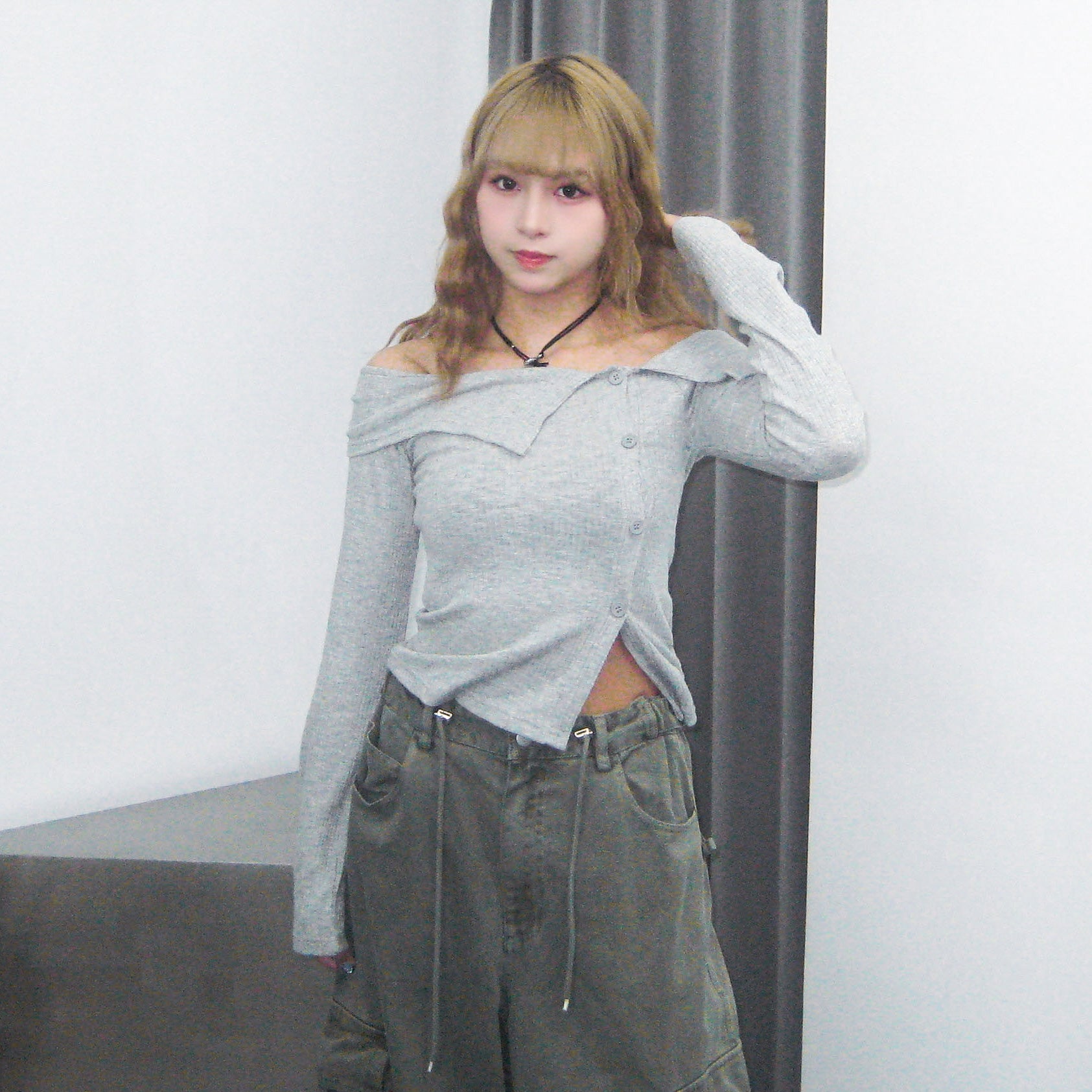 [BEST] SUMMER OFF SHOULDER BUTTON KNITWEAR/ 2色