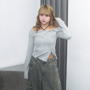 [BEST] SUMMER OFF SHOULDER BUTTON KNITWEAR/ 2色