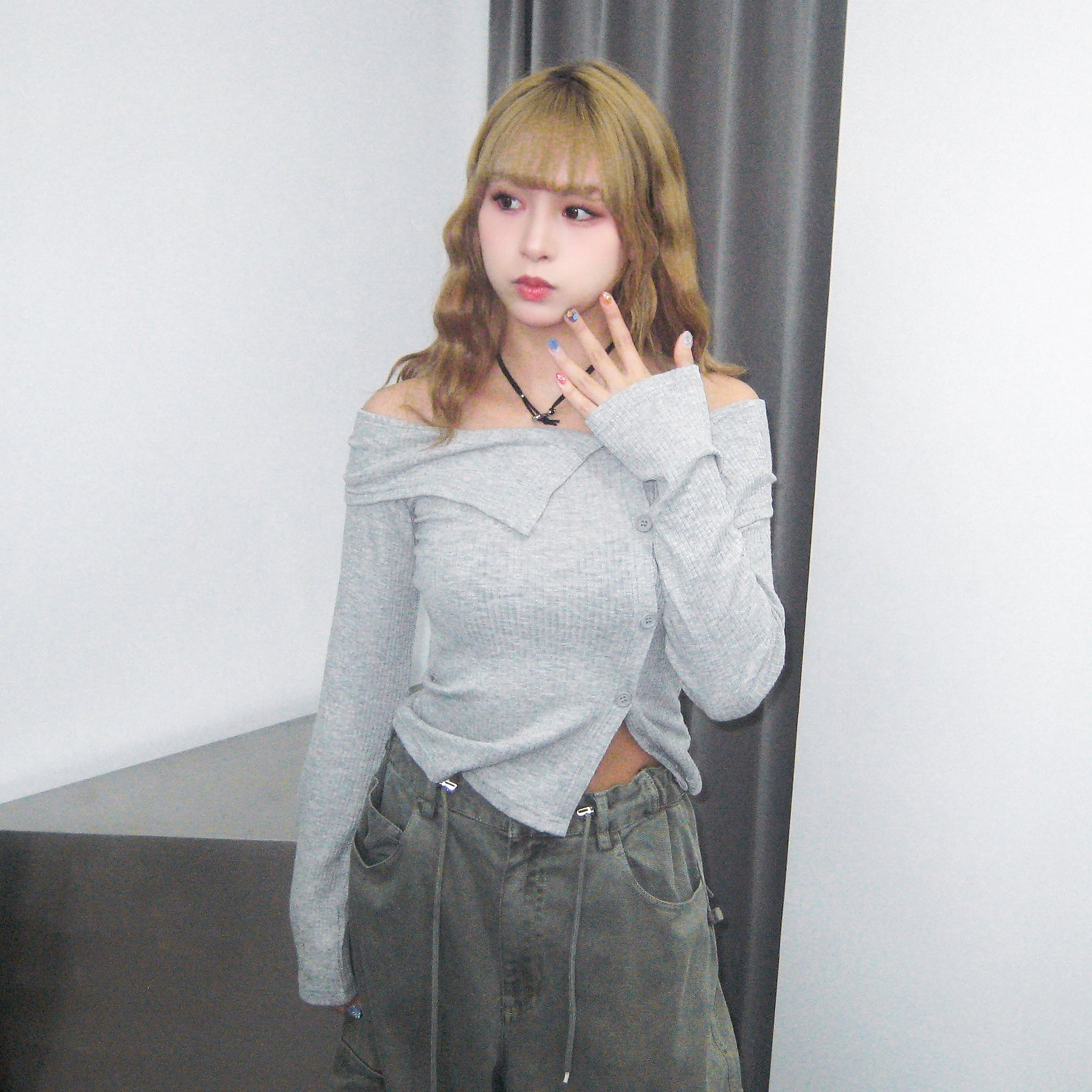 [BEST] SUMMER OFF SHOULDER BUTTON KNITWEAR/ 2色