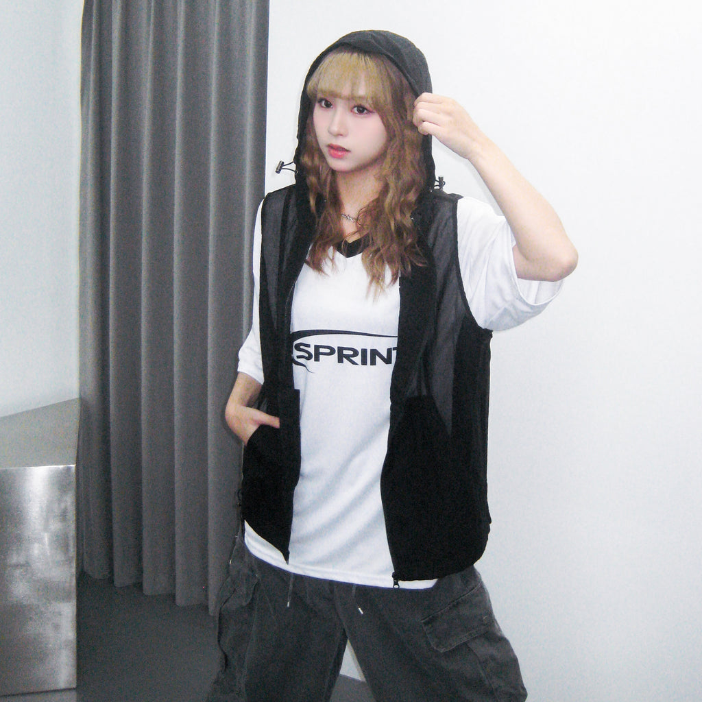 [UNISEX] SEE-THROUGH HOOD ZIP-UP VEST/ 2色