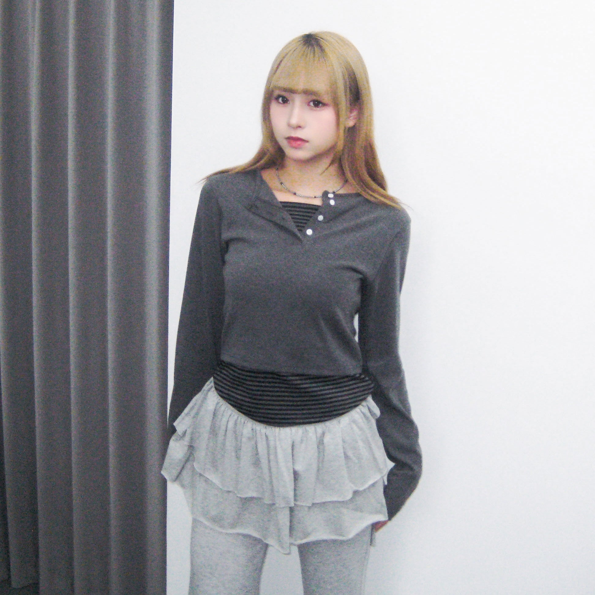 假兩件STRIPED BUTTON LAYERED LONG SLEEVE/ 2色