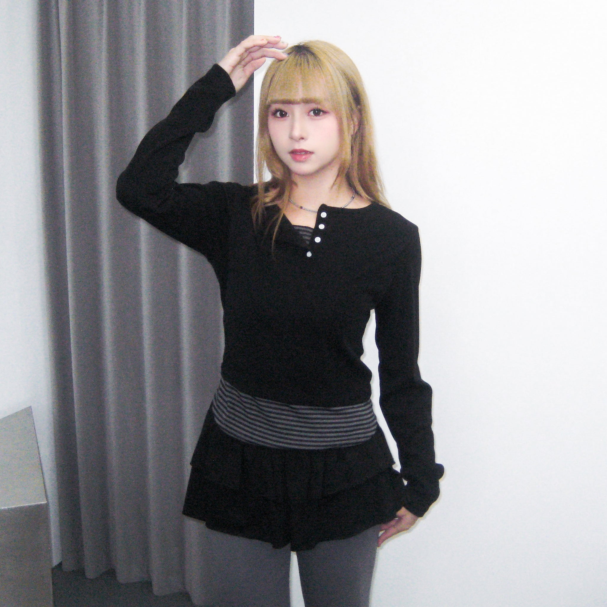 假兩件STRIPED BUTTON LAYERED LONG SLEEVE/ 2色