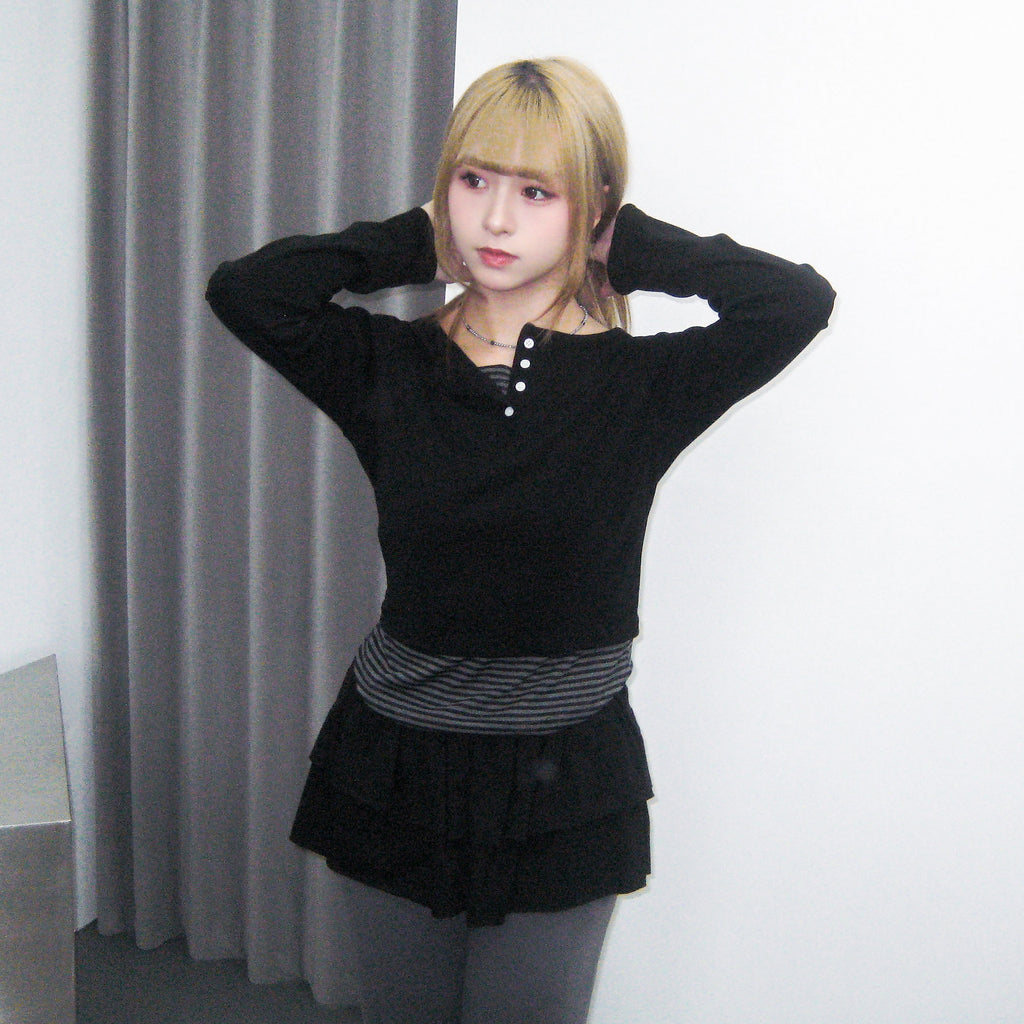 假兩件STRIPED BUTTON LAYERED LONG SLEEVE/ 2色