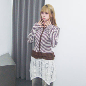 [心型鈕+細微通花] STRIPED RUFFLE LAYERED CARDIGAN/ 2色