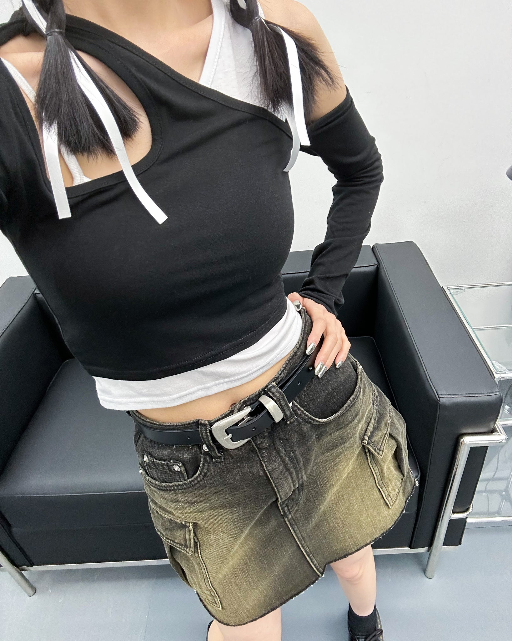 Silver Color Detail Faux Leather Belt/ 1色