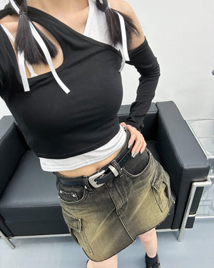 Silver Color Detail Faux Leather Belt/ 1色