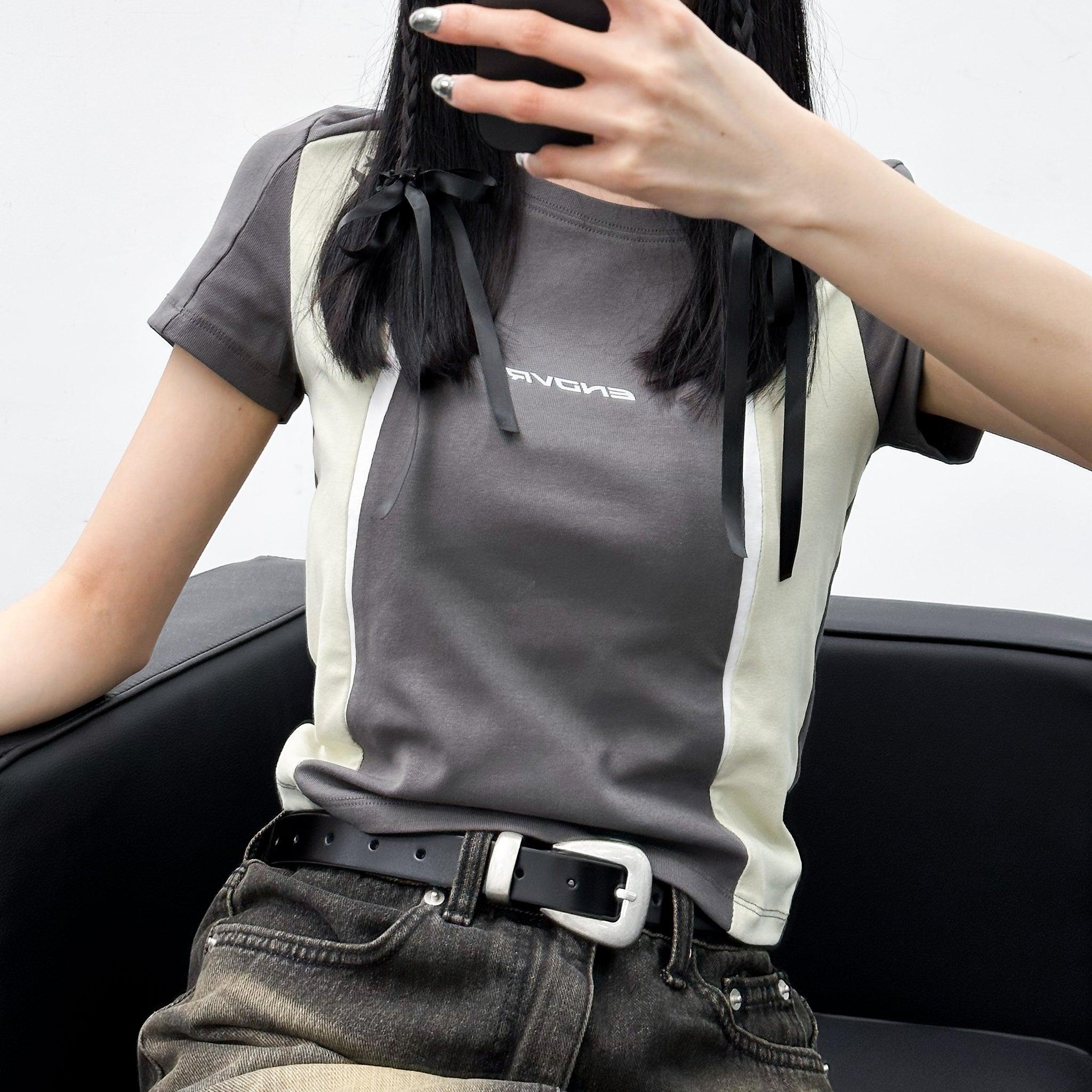 Silver Color Detail Faux Leather Belt/ 1色