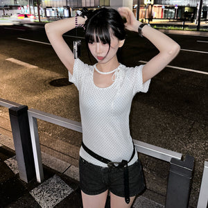 DOT DOT RIBBON SEMI CROP TOP/ 2色