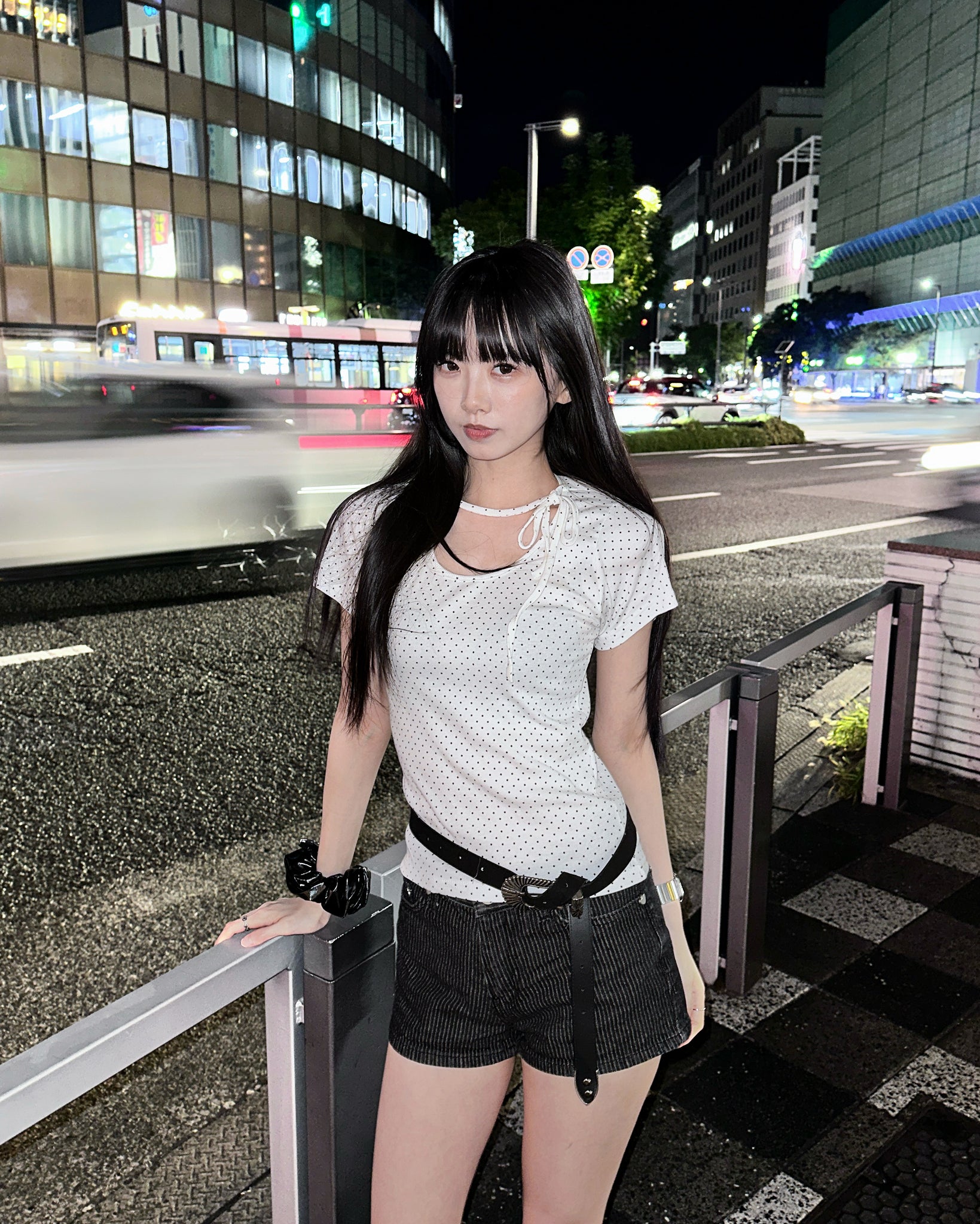 DOT DOT RIBBON SEMI CROP TOP/ 2色