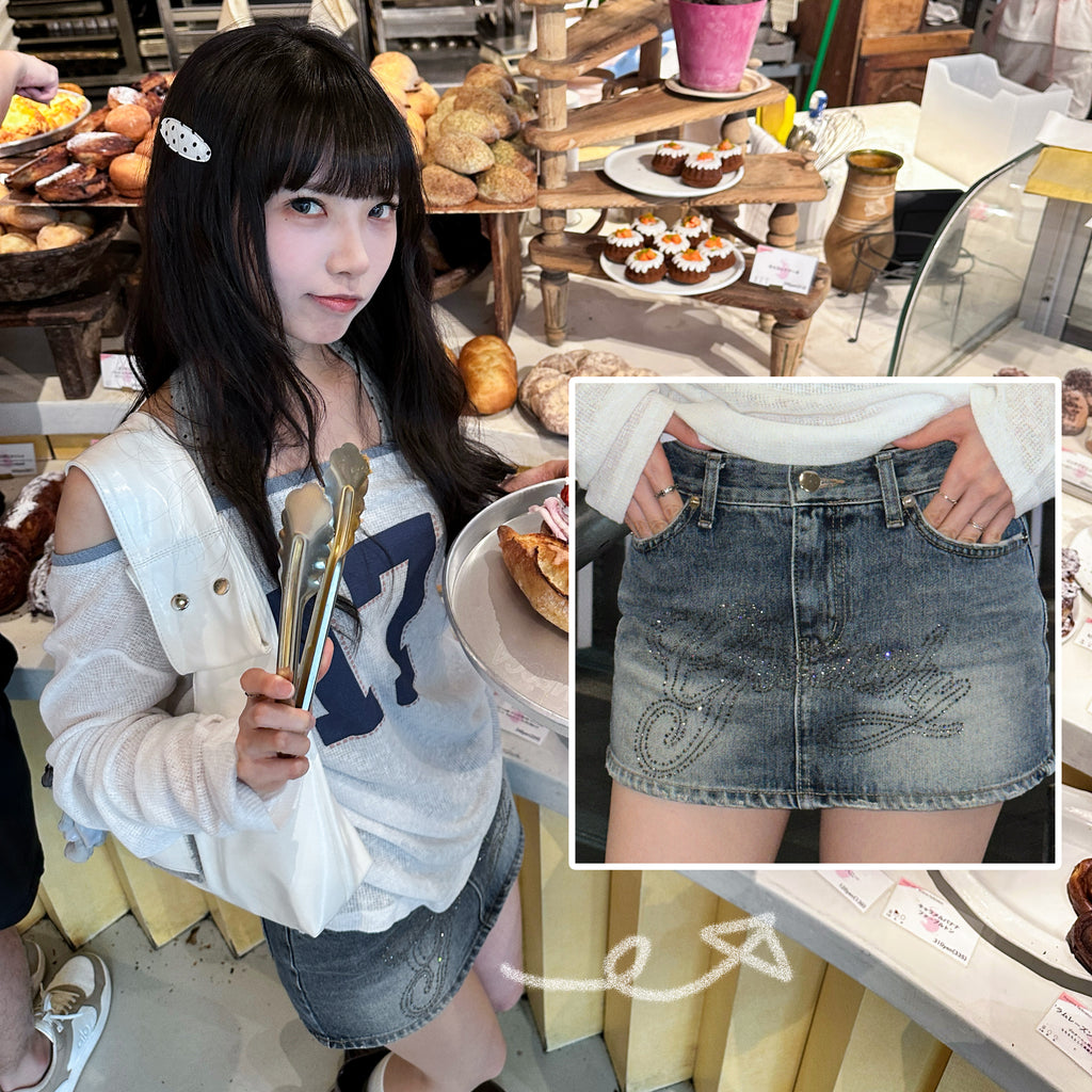 [閃石珠珠] MID-WAIST VINTAGE BLUE MINI SKIRT/ 1色