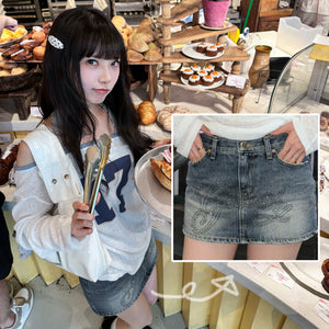 [閃石珠珠] MID-WAIST VINTAGE BLUE MINI SKIRT/ 1色