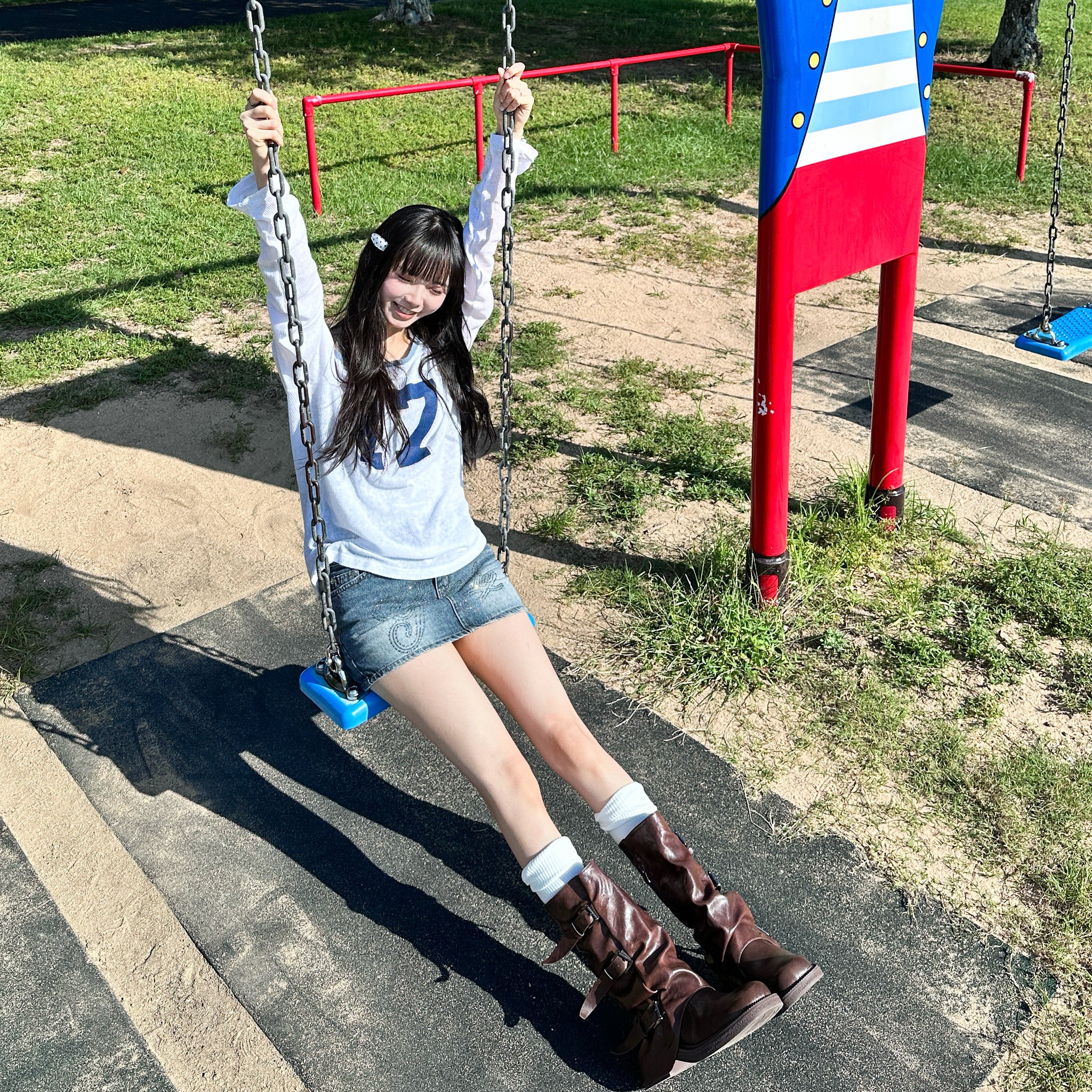 [閃石珠珠] MID-WAIST VINTAGE BLUE MINI SKIRT/ 1色