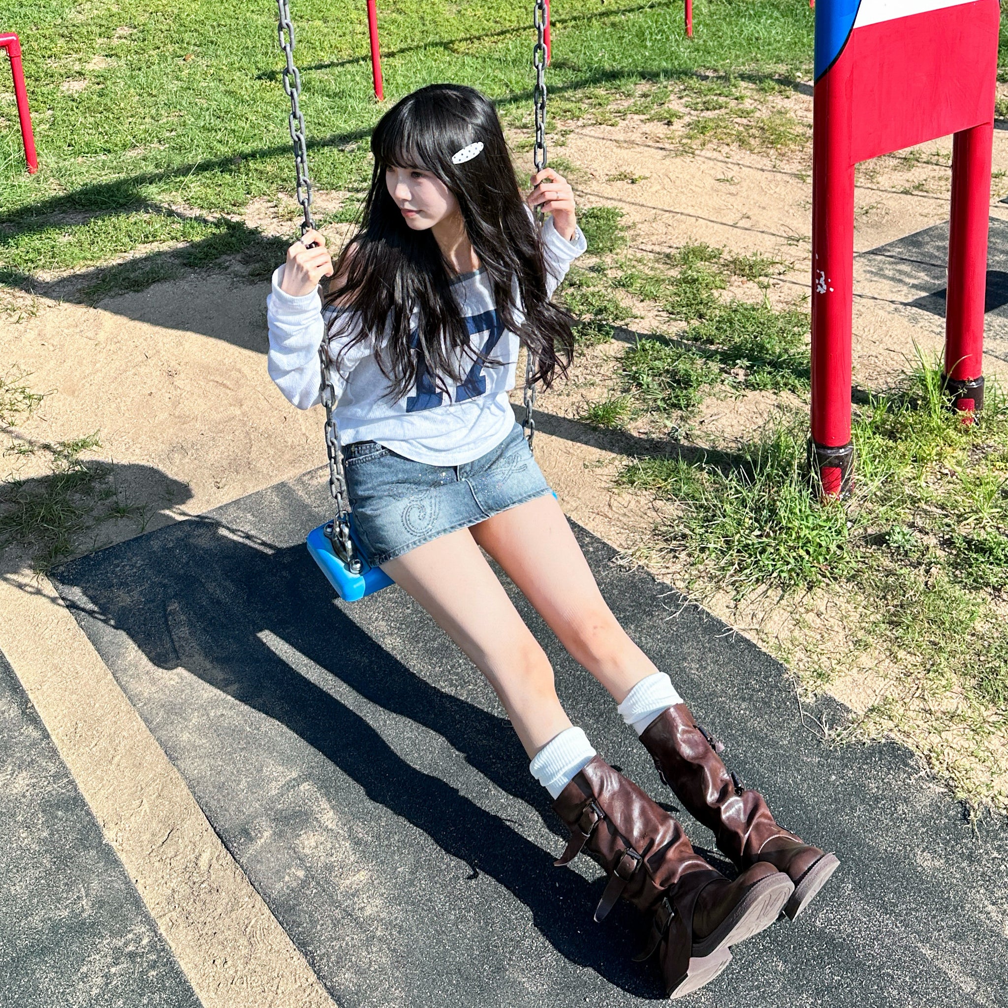 [閃石珠珠] MID-WAIST VINTAGE BLUE MINI SKIRT/ 1色
